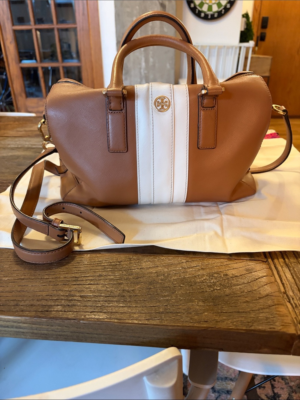 Tory Burch Tan Leather Satchel with White Center Stripe